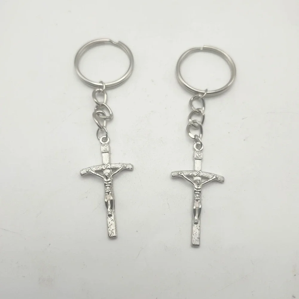 Silver Crucifix Keychain Religious Catholic Cross Pendant INRI Jesus Key Ring